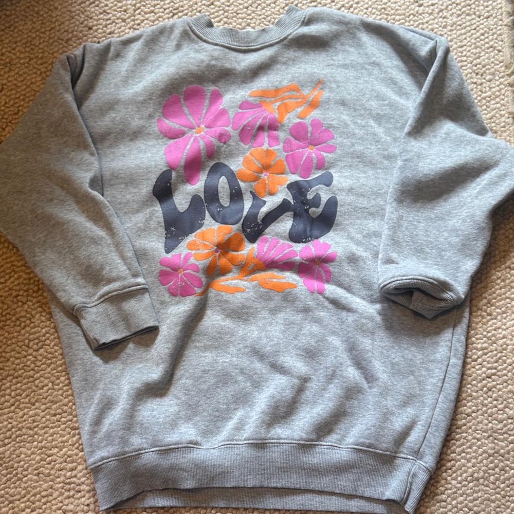 Gray Love Sweatshirt with Pink and Orange Floral Design